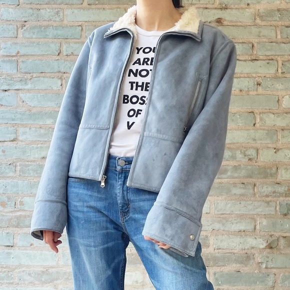 Nine West Jacket Slate Blue Faux Suede Shearling Lined Workwear Utilitarian Coat